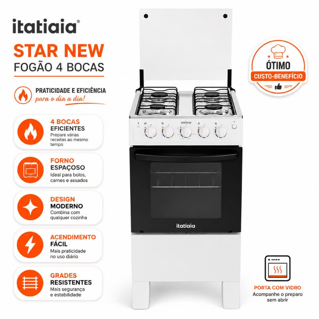 Fogão Itatiaia Star New Branco 4 Bocas com Forno Espaçoso e Design Moderno