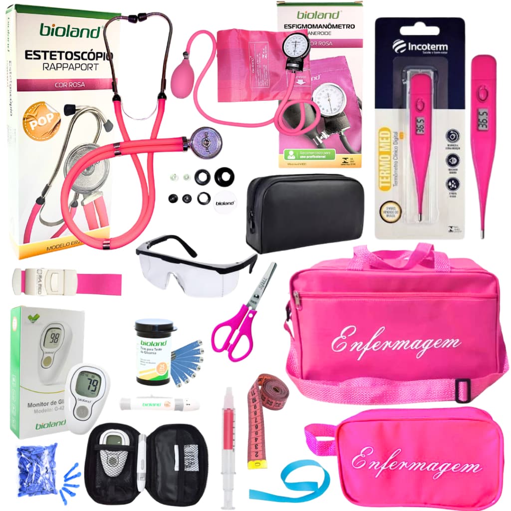 Super Kit de Enfermagem + Aparelho de Pressão + Estetoscópio + Glicosímetro - 12 Itens