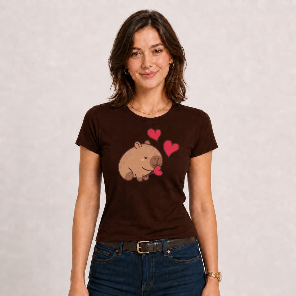 Camiseta T-shirt Feminina Estampada, Capivara Apaixonada, 100% Algodão.