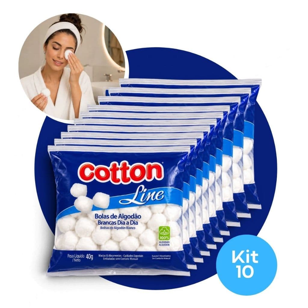 KIT 10 ALGODÃO BOLA 40G COTTON LINE LIMPEZA FACIAL UNHAS  E HIGIENE PESSOAL MACIO E ABSORVENTE USO DIÁRIO