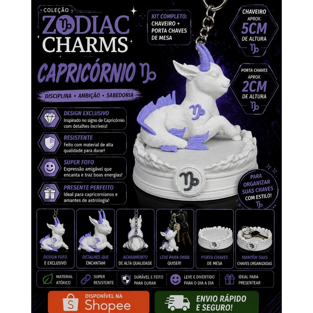 ♑ Kit Zodiac Charms – Capricórnio | Chaveiro + Porta-Chaves de Mesa | Impressão 3D em PLA