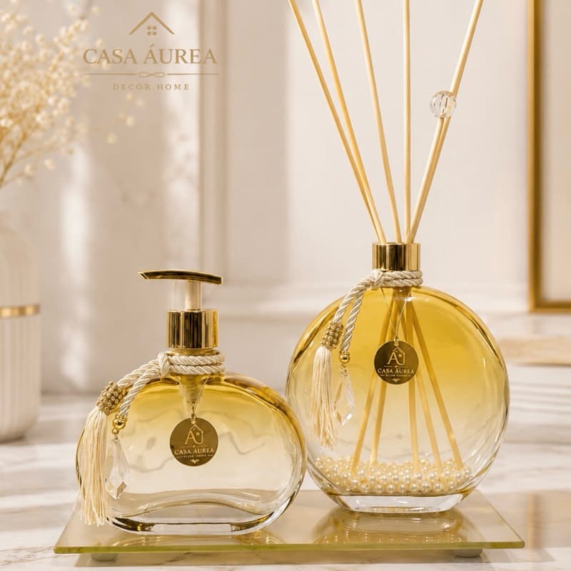 Aromatizador Banheiro Âmbar Degradê Luxo Saboneteira Jolie 300ml Difusor Luna 500ml Elegante Decoração Casa Perfumada.