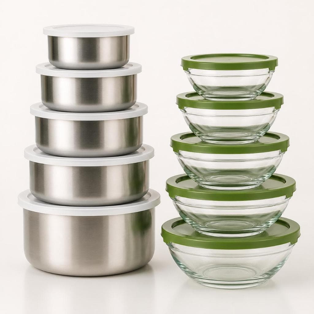 Kit 10 Potes Herméticos 5 Vidro Tigela + 5 Pote Inox com Tampa para Armazenar Alimentos Organizador de Cozinha