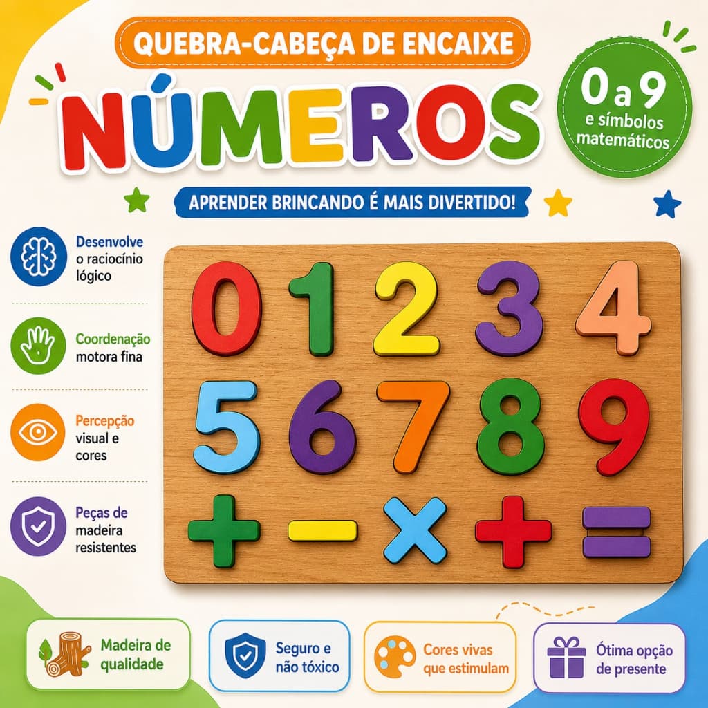 Brinquedo Educativo Quebra-Cabeça de Madeira Números 0 a 9 Encaixe Infantil com Símbolos Matemáticos