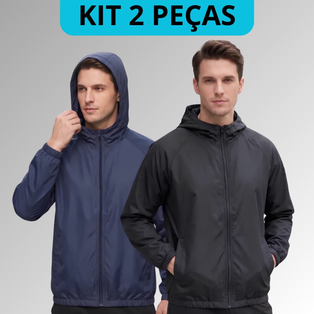 Kit 2 Jaquetas Corta Vento Masculina Preto e Azul Marinho com Capuz Tactel Resistente à Água