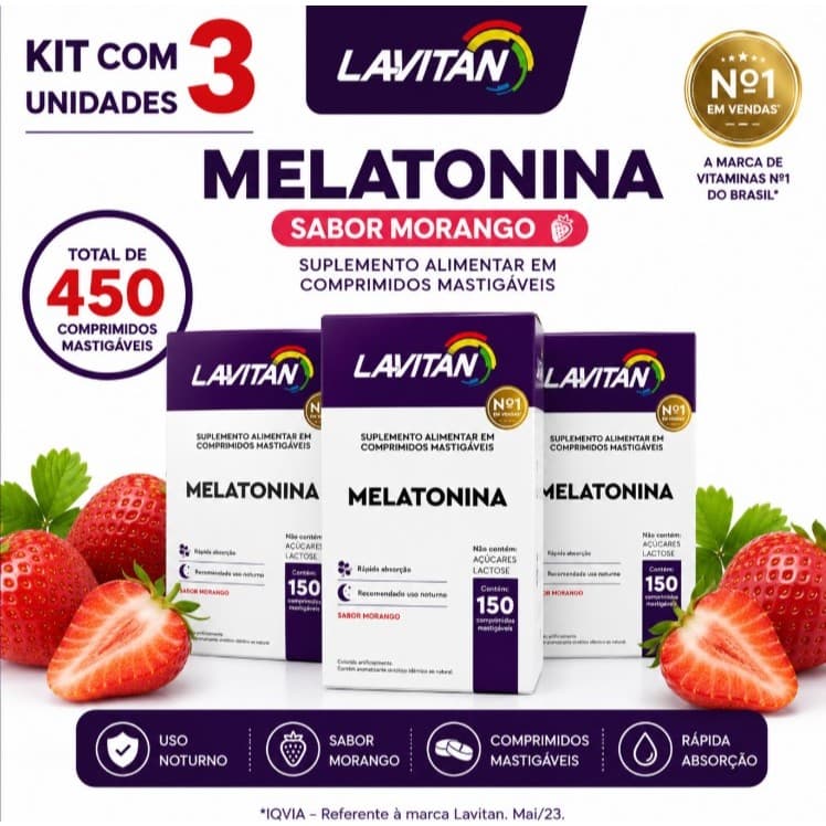 Kit 3 Melatonina Lavitan 150 Comprimidos Mastigáveis Sabor Morango Original