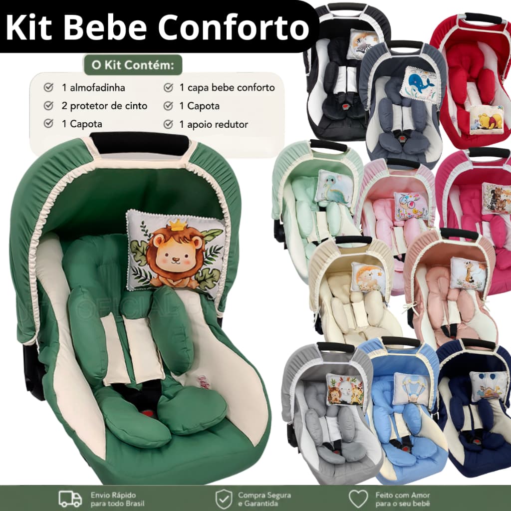 Kit Capa Protetora de Bebê Conforto Para Carro Com Capota + Protetores De Cinto + Capa Acolchoada
