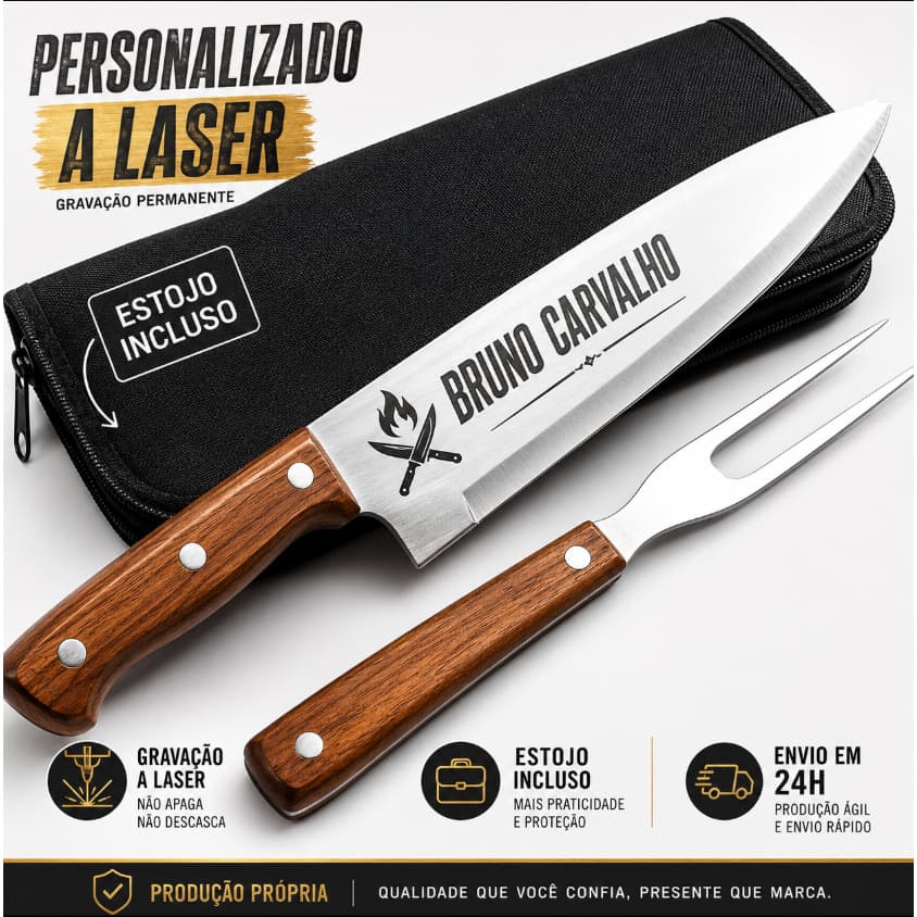 Kit Churrasco Personalizado Acompanha Faca Garfo Estojo Nome Time Logo Empresa Confraternização Dia dos Pais