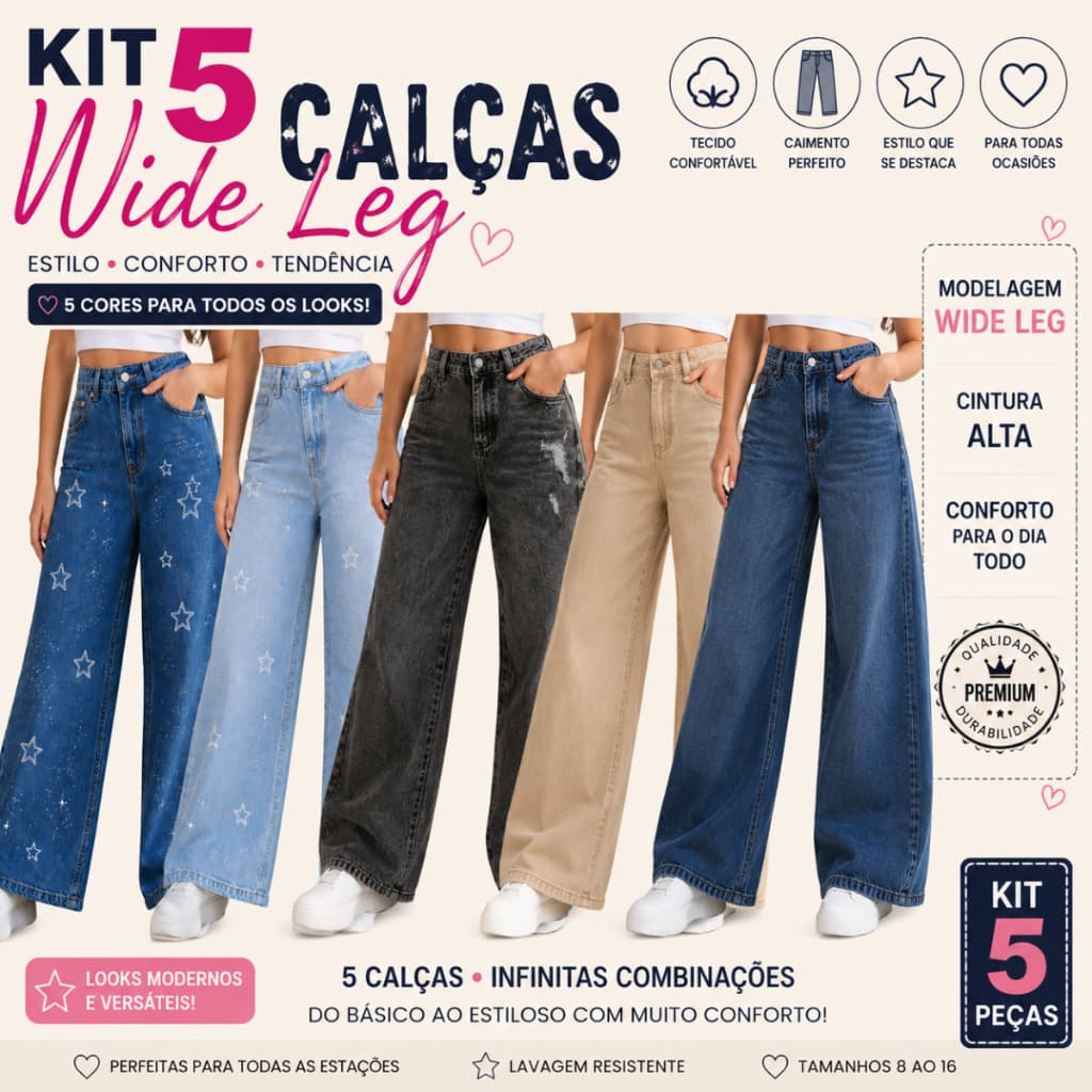 COMBO  KIT  CALÇA WIDE LEG JEANS  ESTAMPADAS INFANTIL MENINA