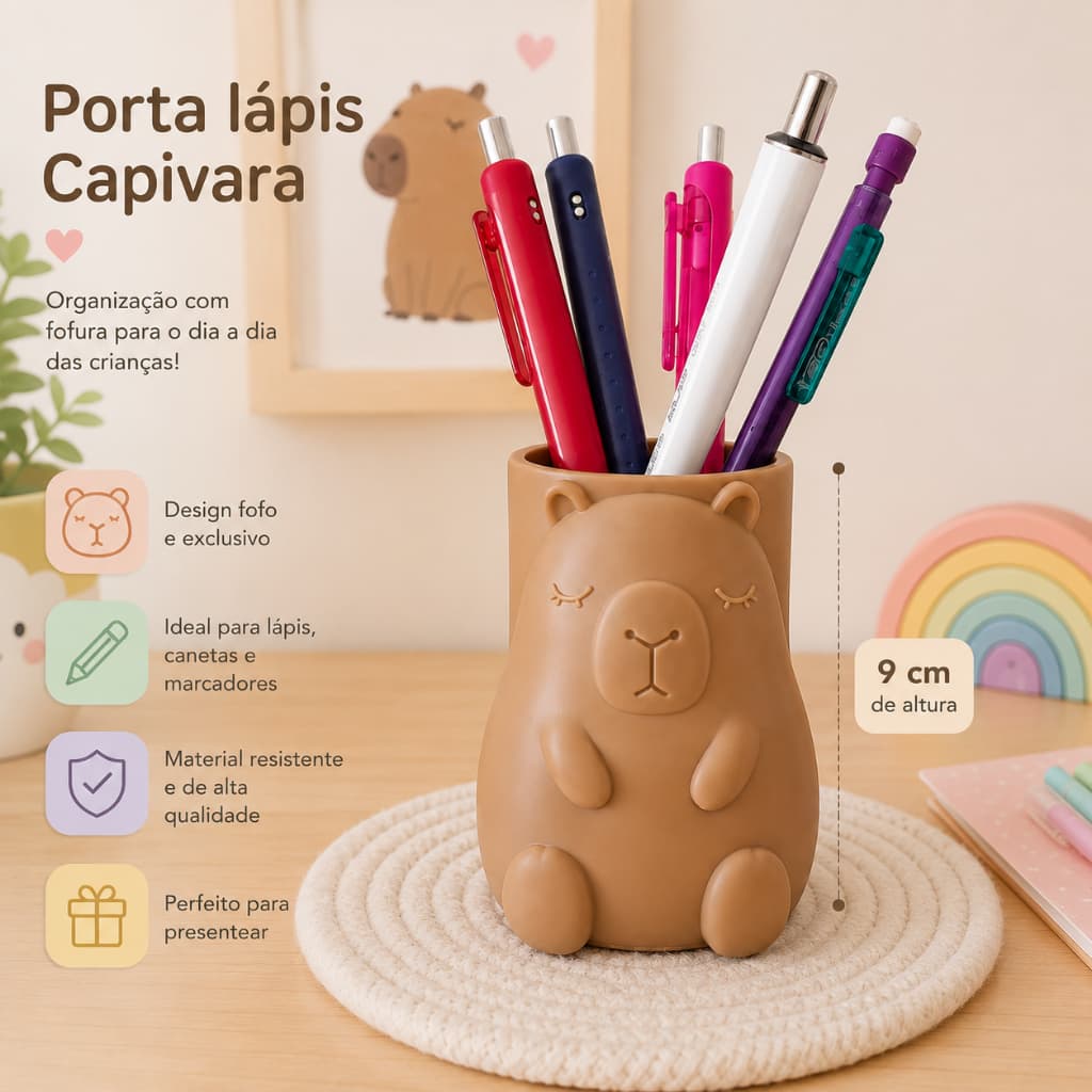 Porta Lápis Capivara Fofo Organizador de Mesa Infantil 9cm | Porta Canetas Decorativo para Escritório e Estudos