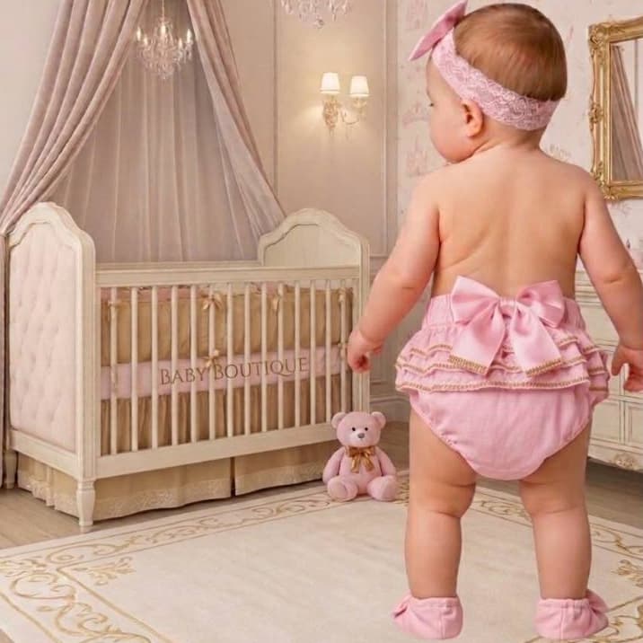 Kit 3 Peças Bebê Menina Bunda Rica 0 a 8 Meses – Calcinha, Faixa de Cabelo e Sapatinho Luxo