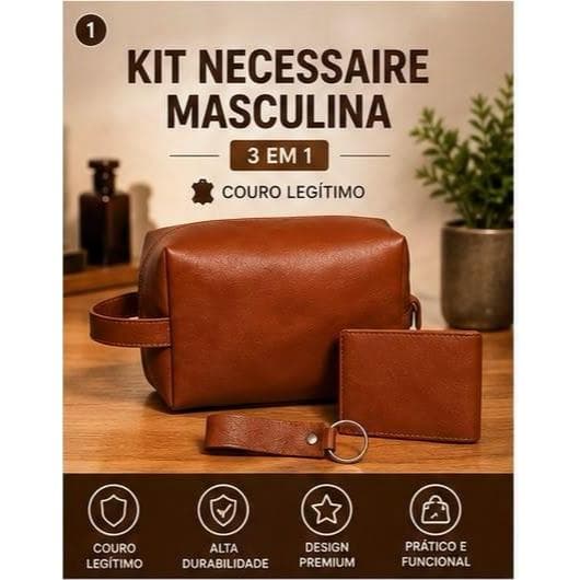 Kit Necessaire 3 em 1 em Couro Legítimo – Necessaire + Carteira + Chaveiro
