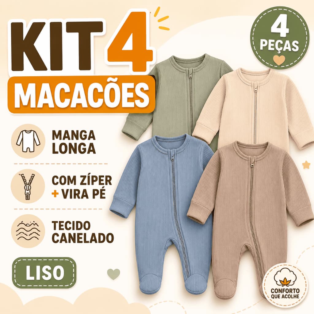 Kit 4 Macacões Manga Longa com Zíper e Vira Pé Tecido Canelado Liso P ao G