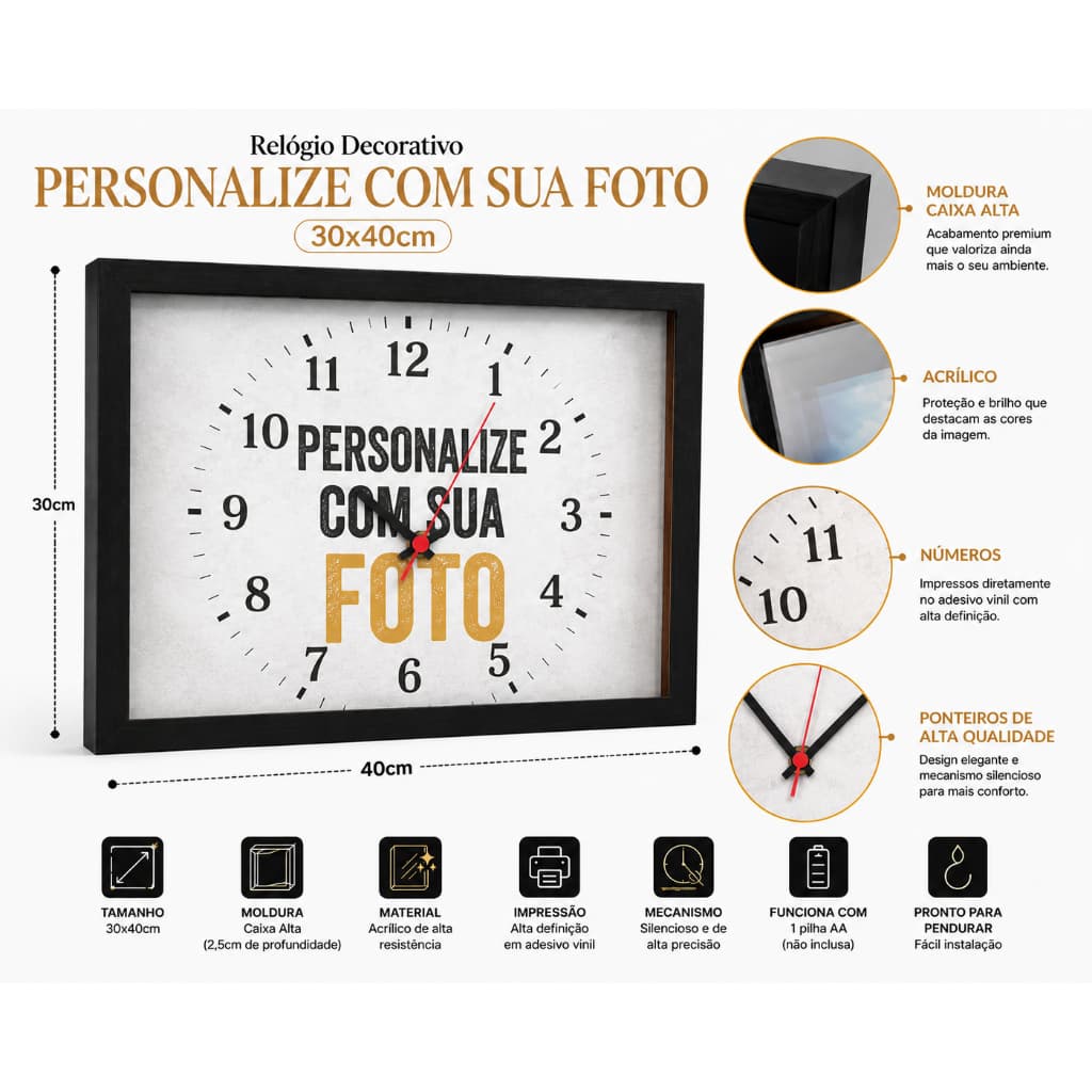 Relógio Decorativo Personalizado 30x40cm com Sua Foto | Moldura Caixa Alta | Acrílico Premium | Parede