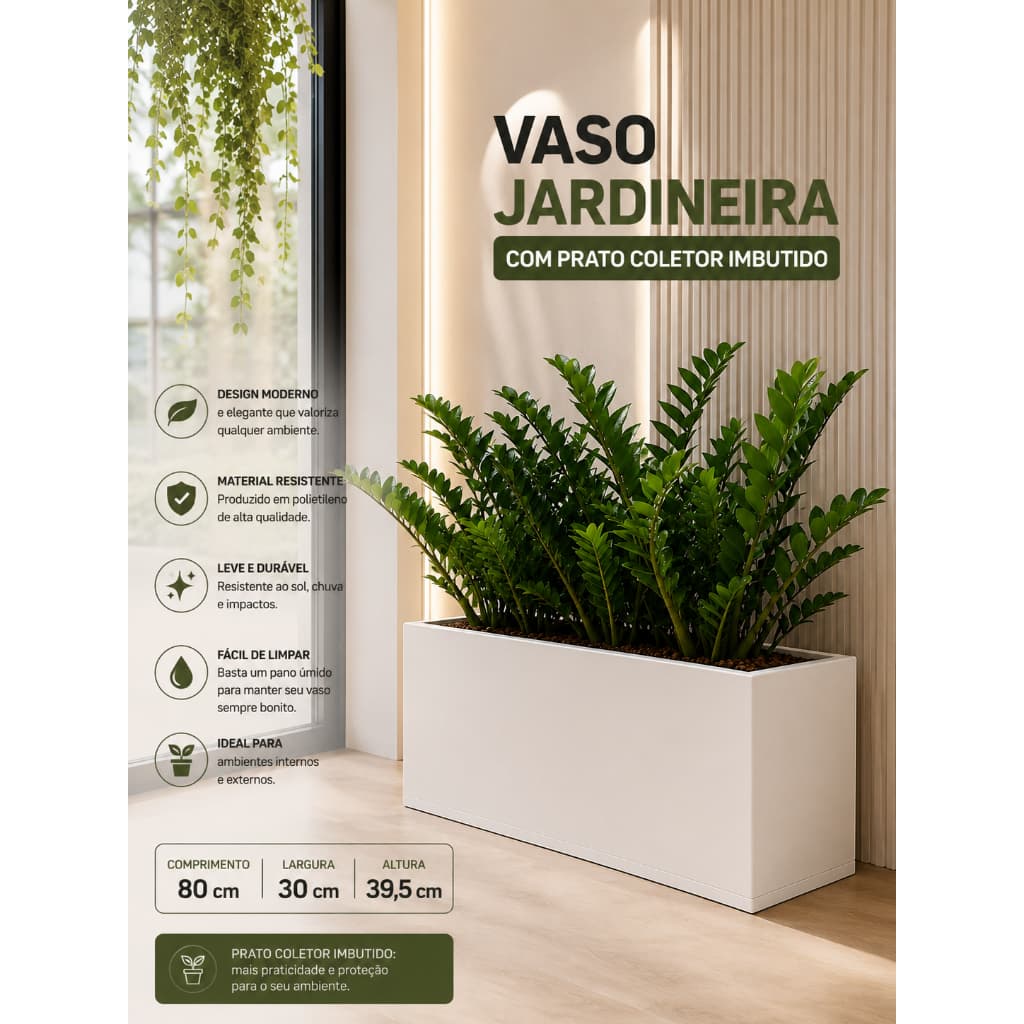 Vaso Jardineira Polido Grande Para Planta Com Prato Coletor (80x30x39,5)