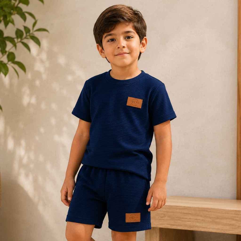 Conjunto Infantil Masculino Camisa e Short Casual Anarruga Canelado Texturizado