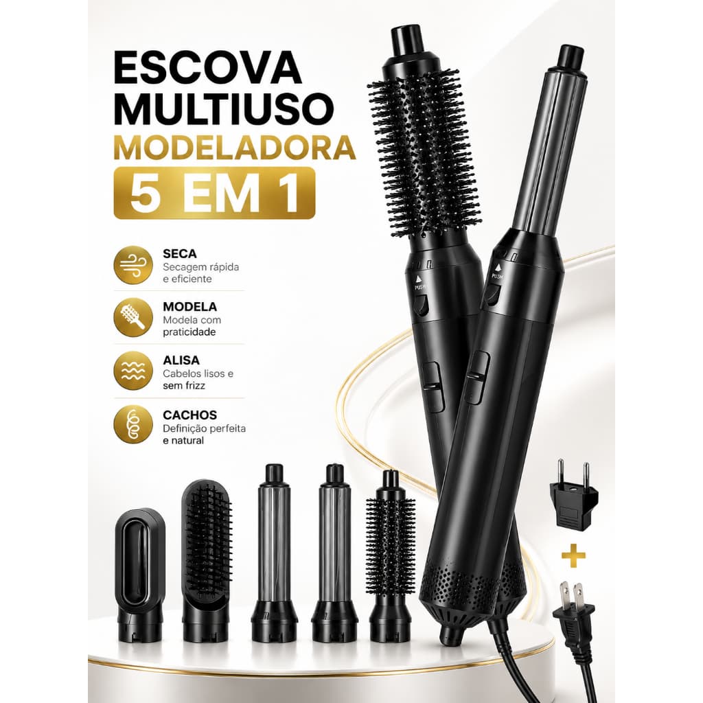 Escova Secadora 5 em 1 110V Escova Modeladora Alisadora Secador Modelador de Cachos Ar Quente 1000W Cinza