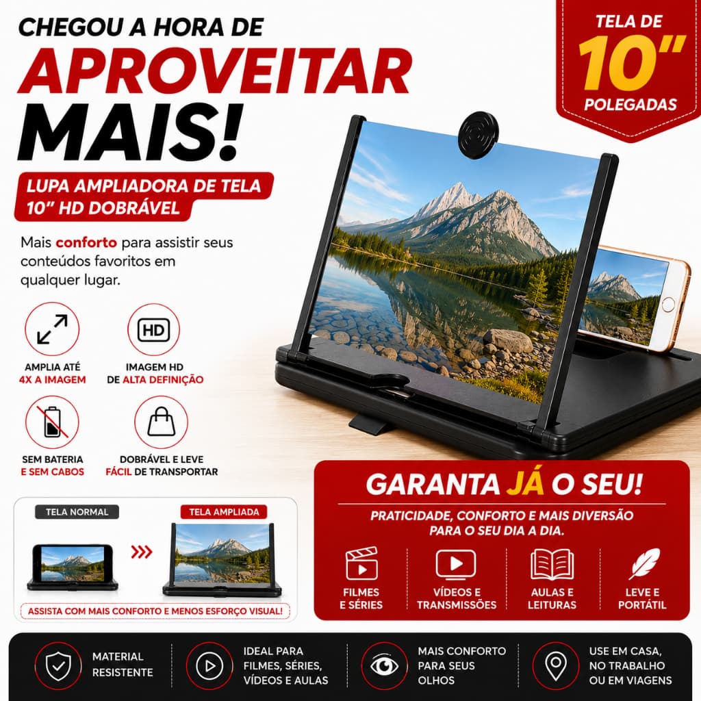 Lupa Ampliador de Tela para Celular 10 Polegadas HD Dobrável Universal para Android iPhone Tablet