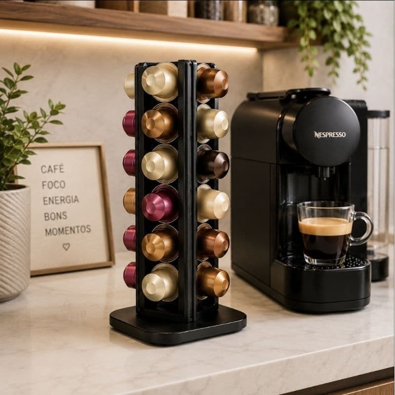 Porta Cápsulas Nespresso Giratório 24 Cápsulas | Organizador Torre Vertical para Cantinho do Café