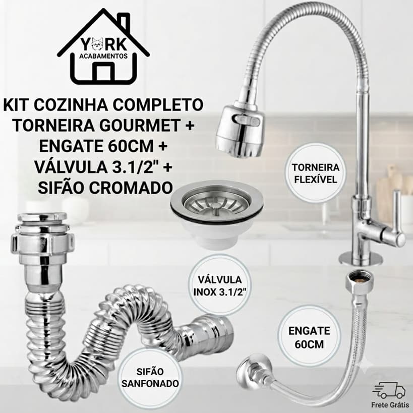 Kit Cozinha Completo Torneira Gourmet + Engate 60cm + Válvula 3.1/2" + Sifão Branco ou Cromado