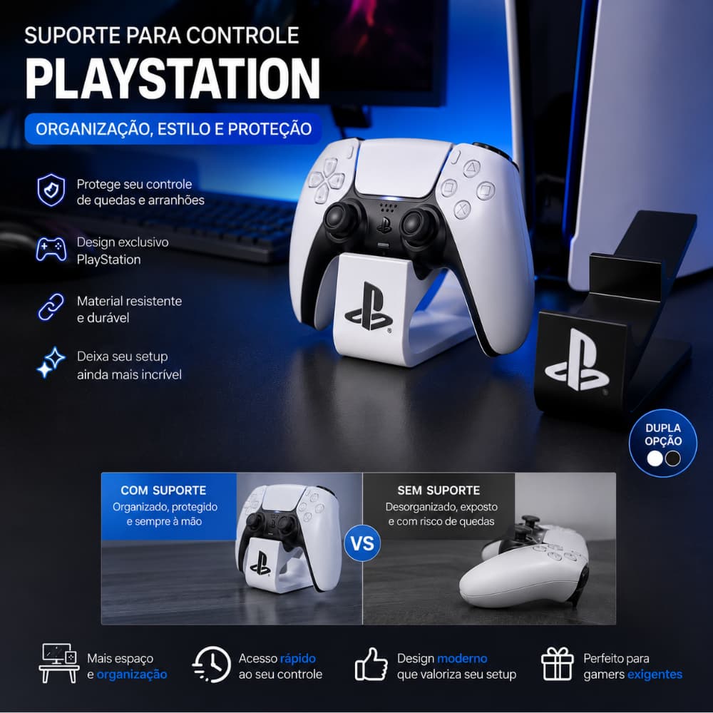 Suporte para Controle PS5 PS4 PlayStation DualSense DualShock 4 Organizador Gamer Preto ou Branco