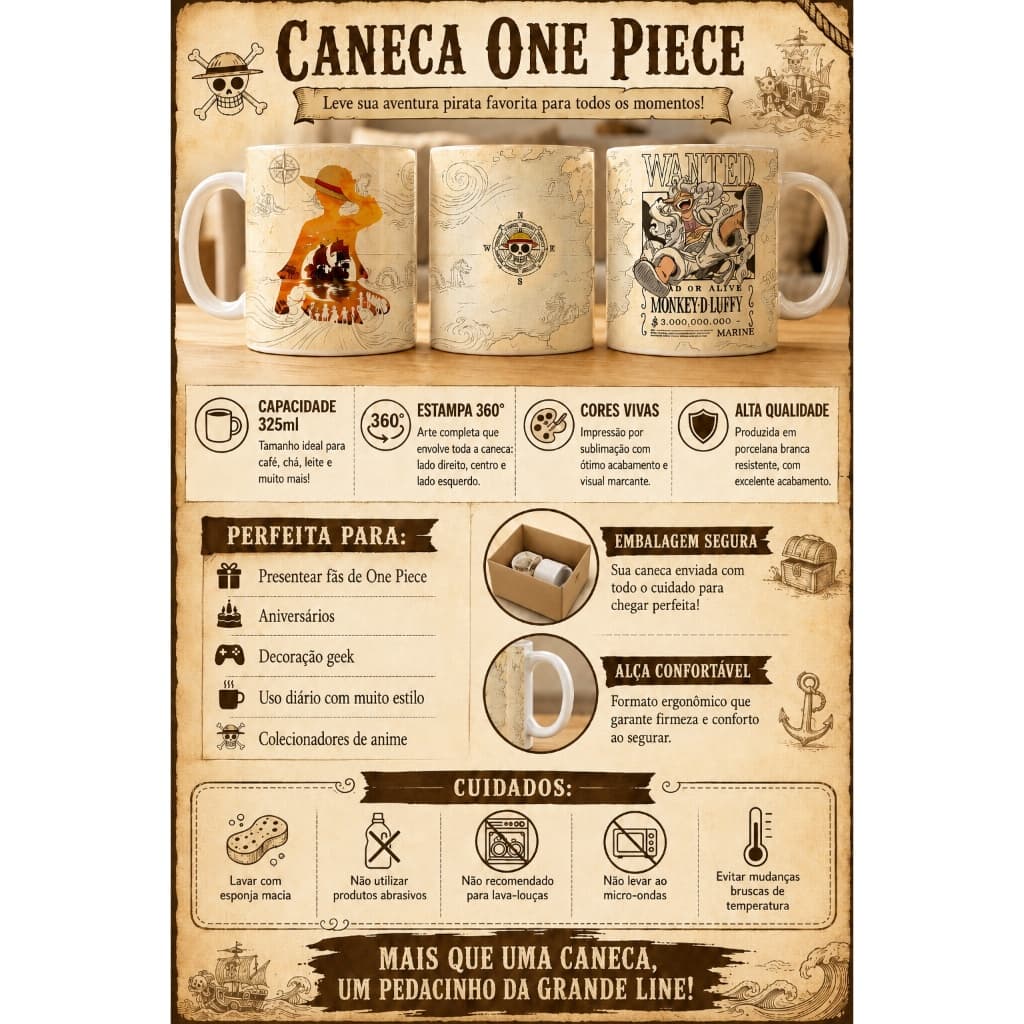 Caneca One Piece Luffy Gear 5 Wanted – Presente Geek 325ml