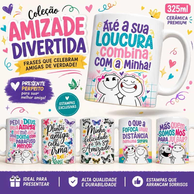 Caneca Cerâmica 325ml Frases de Amizade Divertidas Presente Criativo