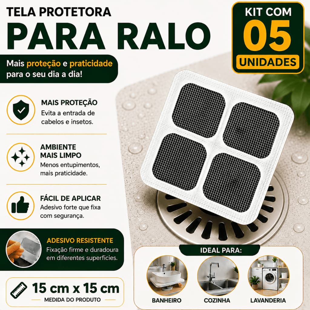 Kit 5 Telas Protetoras Adesiva para Ralo 15x15 cm  Filtro Anti Insetos e Cabelos