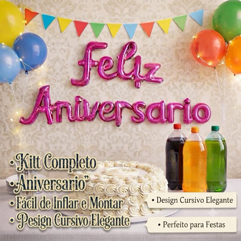 Balão Feliz Aniversário metalizado Letras Cursiva