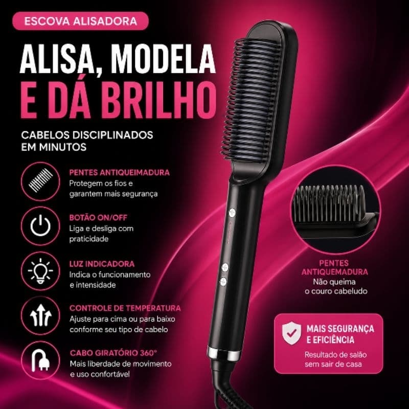 Escova Alisadora de Cabelo Elétrica 5 em 1 Bivolt Temperatura Ajustável 130°C a 200°C