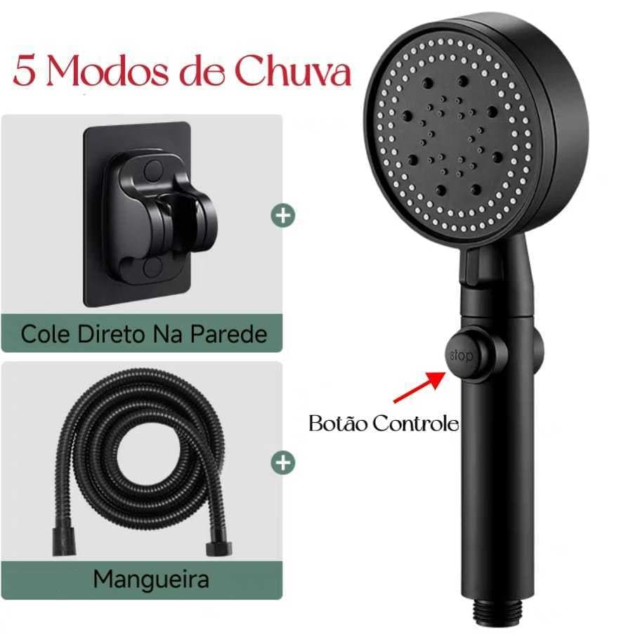 Chuveiro de Mão 5 Funções Alta Pressão com Mangueira e Suporte