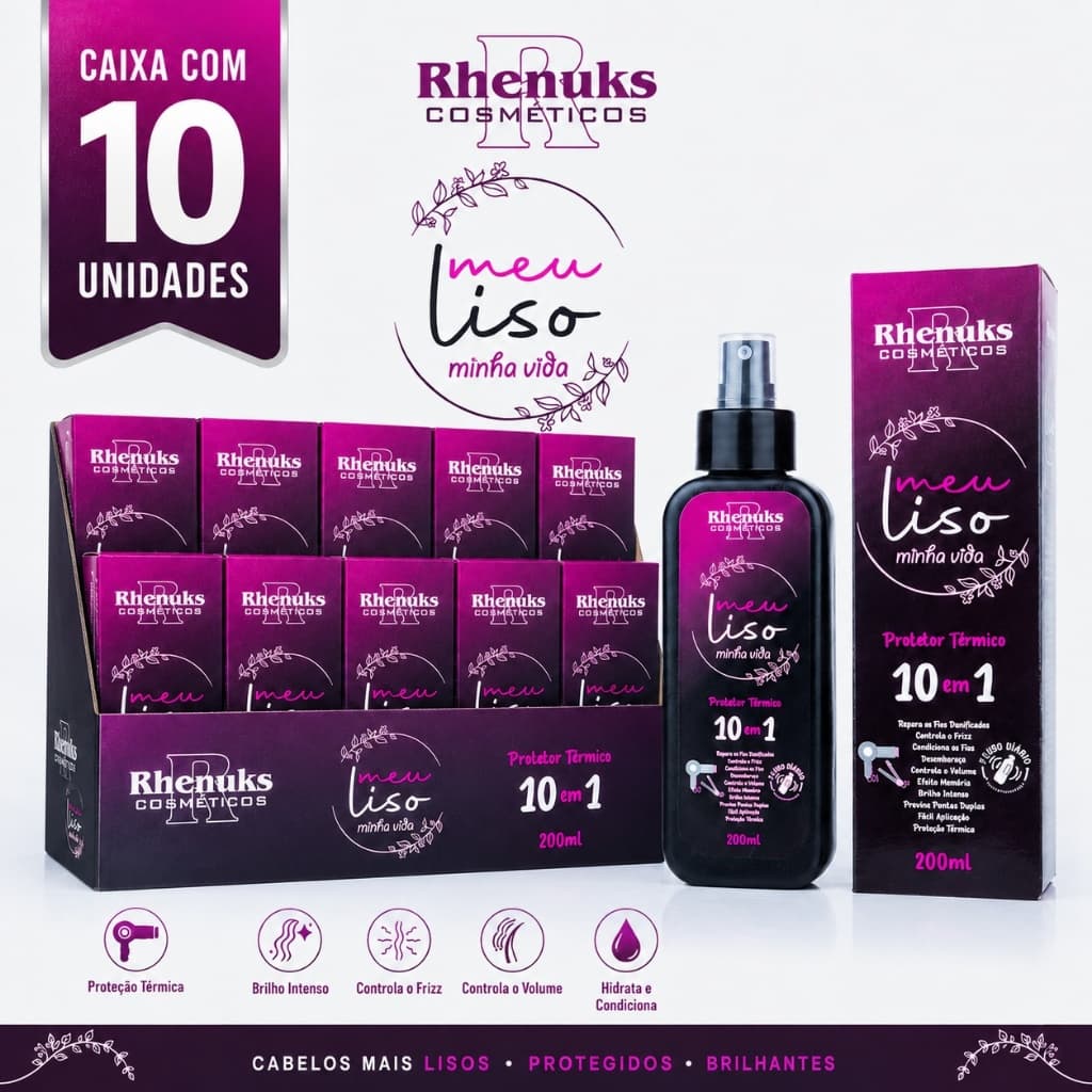 Kit 10 Protetor Térmico Meu Liso Minha Vida Rhenuks 200ml Spray 10 em 1 Atacado