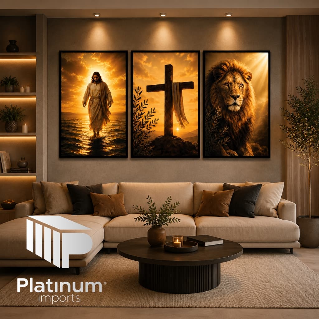 Kit 3 Quadros Decorativos Jesus Caminhando Sobre as Águas Cruz Leão de Judá MDF Alta Definição Decoração Cristã Sala
