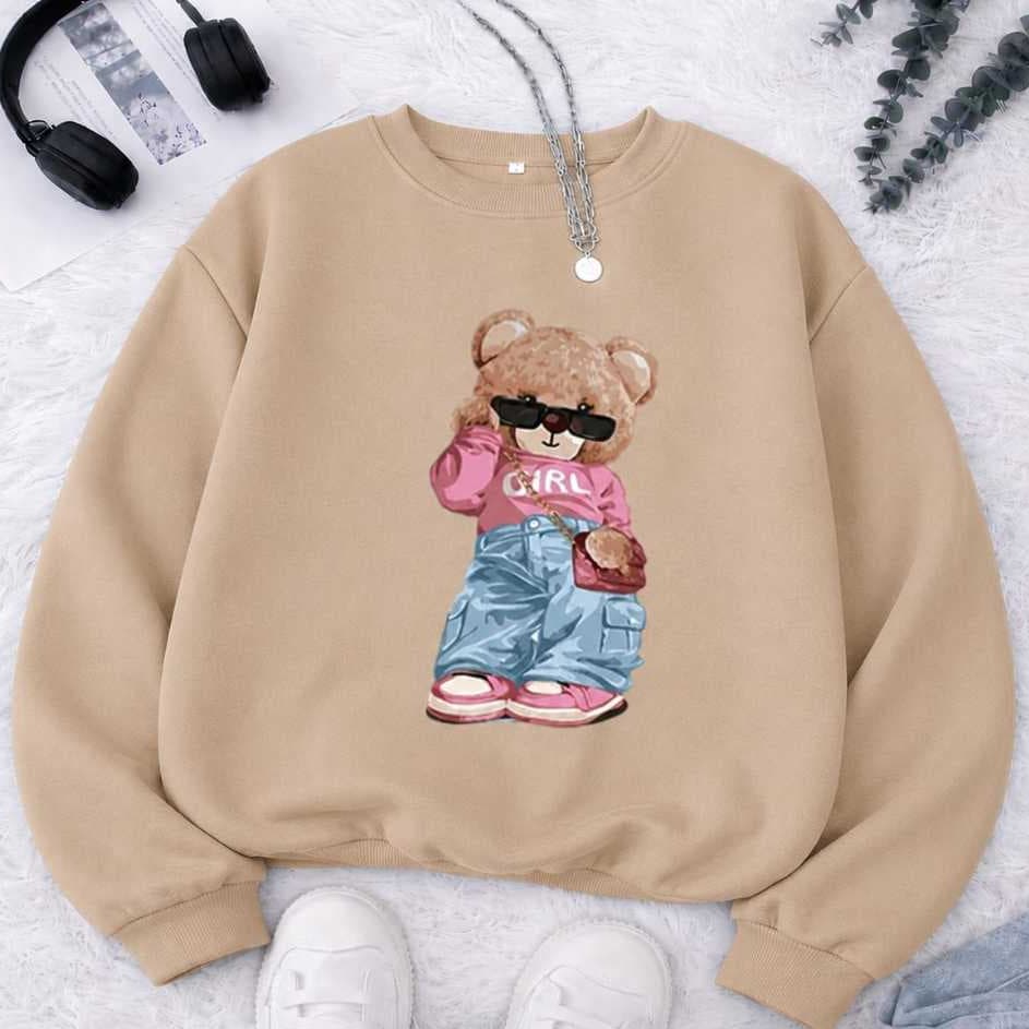 Moletom Feminino Estilo Gola Redonda com Estampa de Urso Blusa de Frio Quentinha Estilosa
