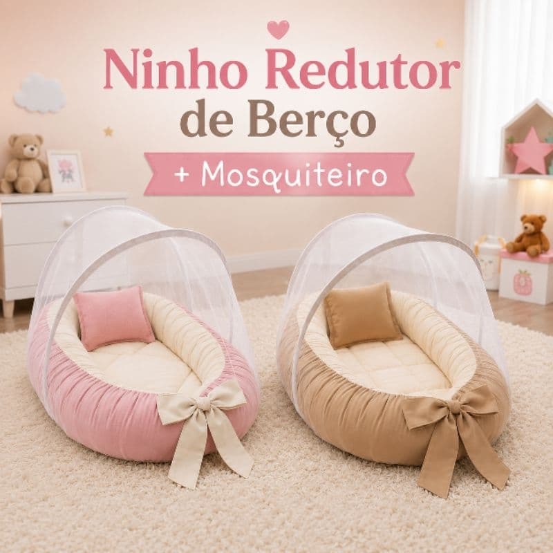 Kit ninho redutor de berço para bebê, micro percal 70x50 + mosquiteiro e travesseiro