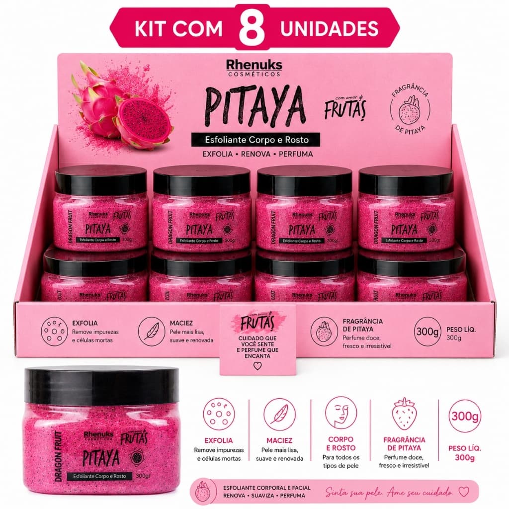 Kit 8 Esfoliante Corpo E Rosto Pitaya Rhenuks 300g Frutas Atacado