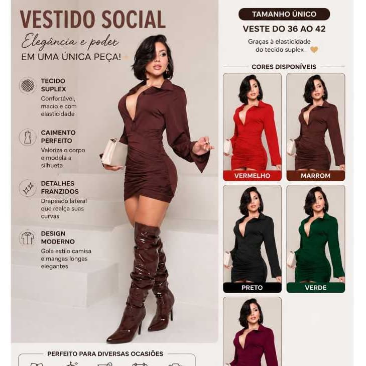 Vestido Camisa Feminino Drapeado Manga Longa Elegante Social Festa Trabalho Casual Chic