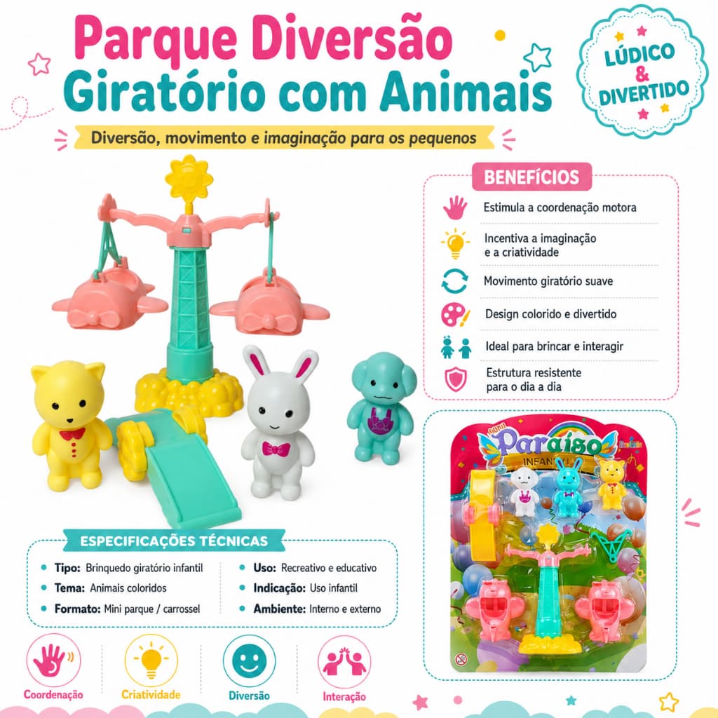 Parque Diversao Brinquedo Giratorio Animais Carrossel Infantil Educativo Recreativo