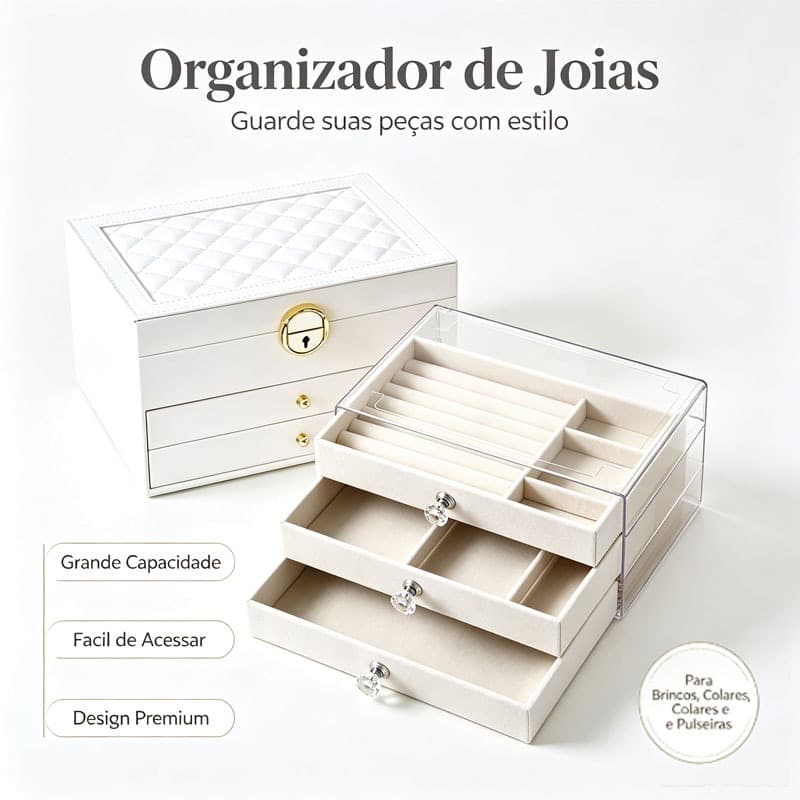 Caixa Organizadora de Joias Luxo com Gavetas e Trava Porta Bijuterias