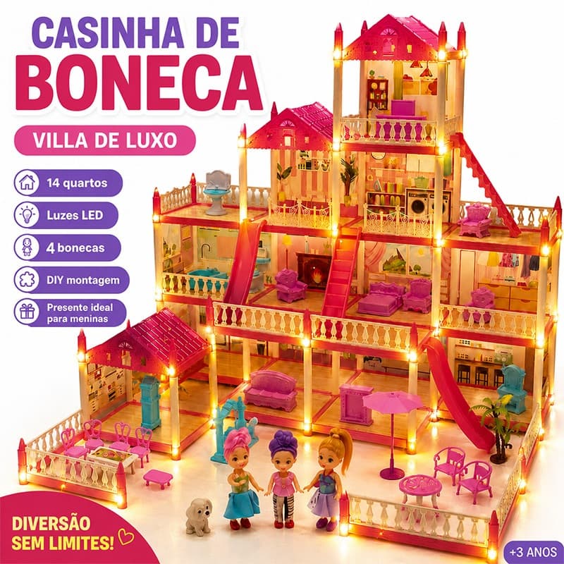 Casinha De Boneca Luxo Villa 14 Quartos Com Luz LED Móveis DIY Brinquedo Infantil Presente Para Meninas
