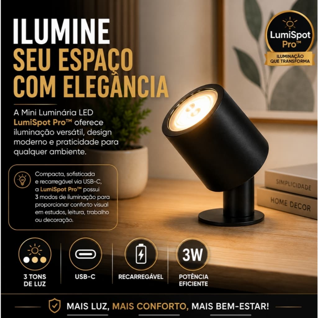 Mini Luminária LED Recarregável USB-C 3W 3 Tons de Luz Base de Apoio Preta