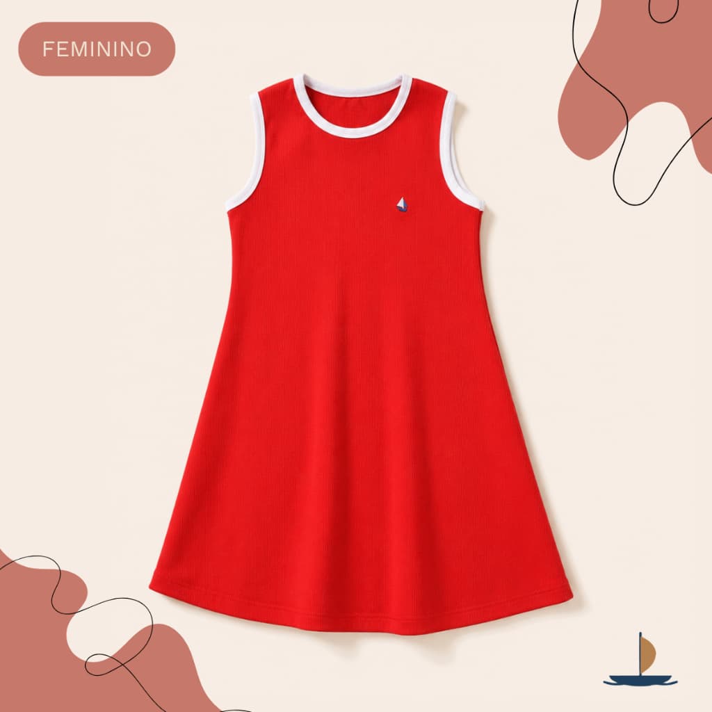Vestido Menina Sem Manga Evasê Náutico Saia Fluida Barquinho Detalhe Bicolor Tecido Texturizado Fofa