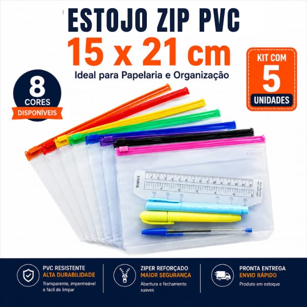 Organizador Estojo PVC Sarja Zip Zap colorido Kit 05 un