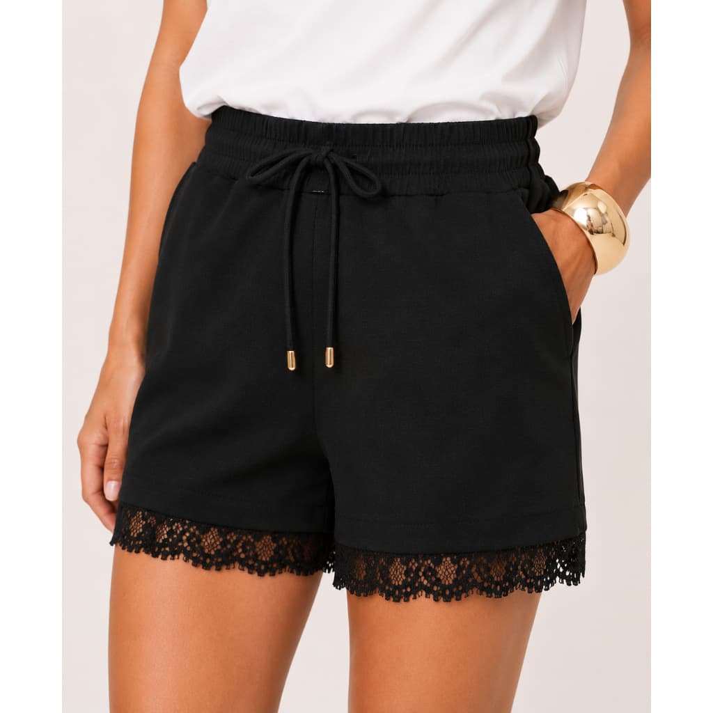 Shorts Feminino Slim Social Alfaiataria Cós Elástico Renda