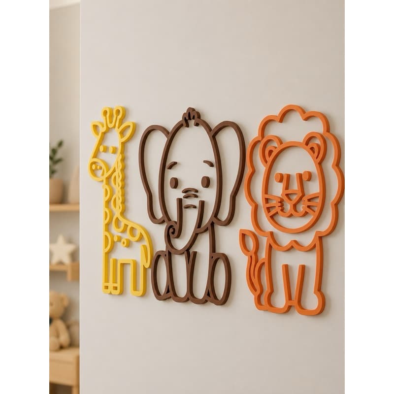 Kit Decoração Safari 3D Girafa Elefante Leão | Enfeite Parede Quarto Bebê Infantil MDF/PLA Premium
