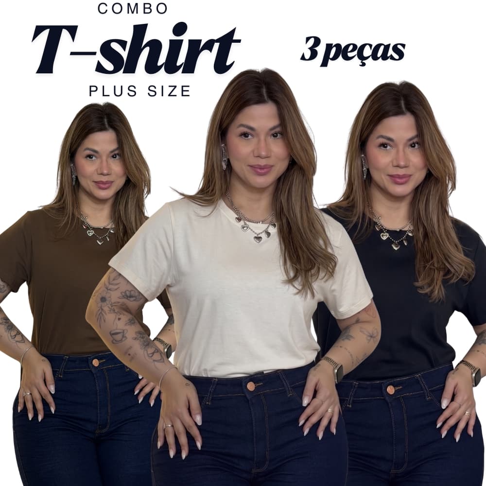 Combo com 3 T-Shirts Plus Size em Algodão - Combo Camiseta Feminina Plus Size