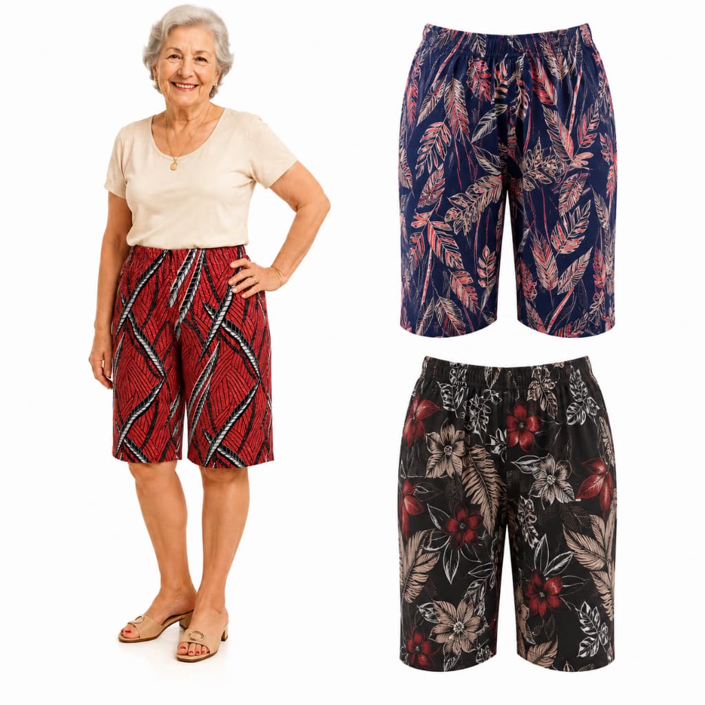Kit 2 Bermudas Femininas Senhora Estampadas – Cintura com Elástico, Confortável, Leve, Cores Variadas