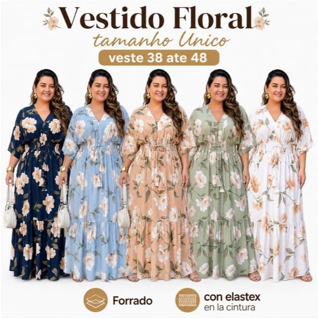 VESTIDO LONGO ESTAMPADO FLORAL | MANGA MORCEGO | DECOTE V | ELASTEX CINTURA | PLUS SIZE