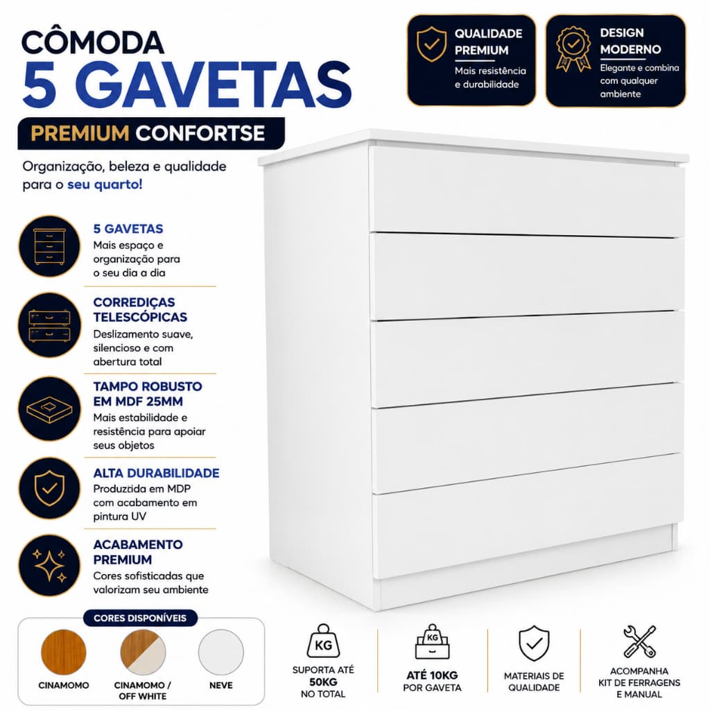 Cômoda para Quarto 5 Gavetas Confortse Premium com Corrediças Telescópicas