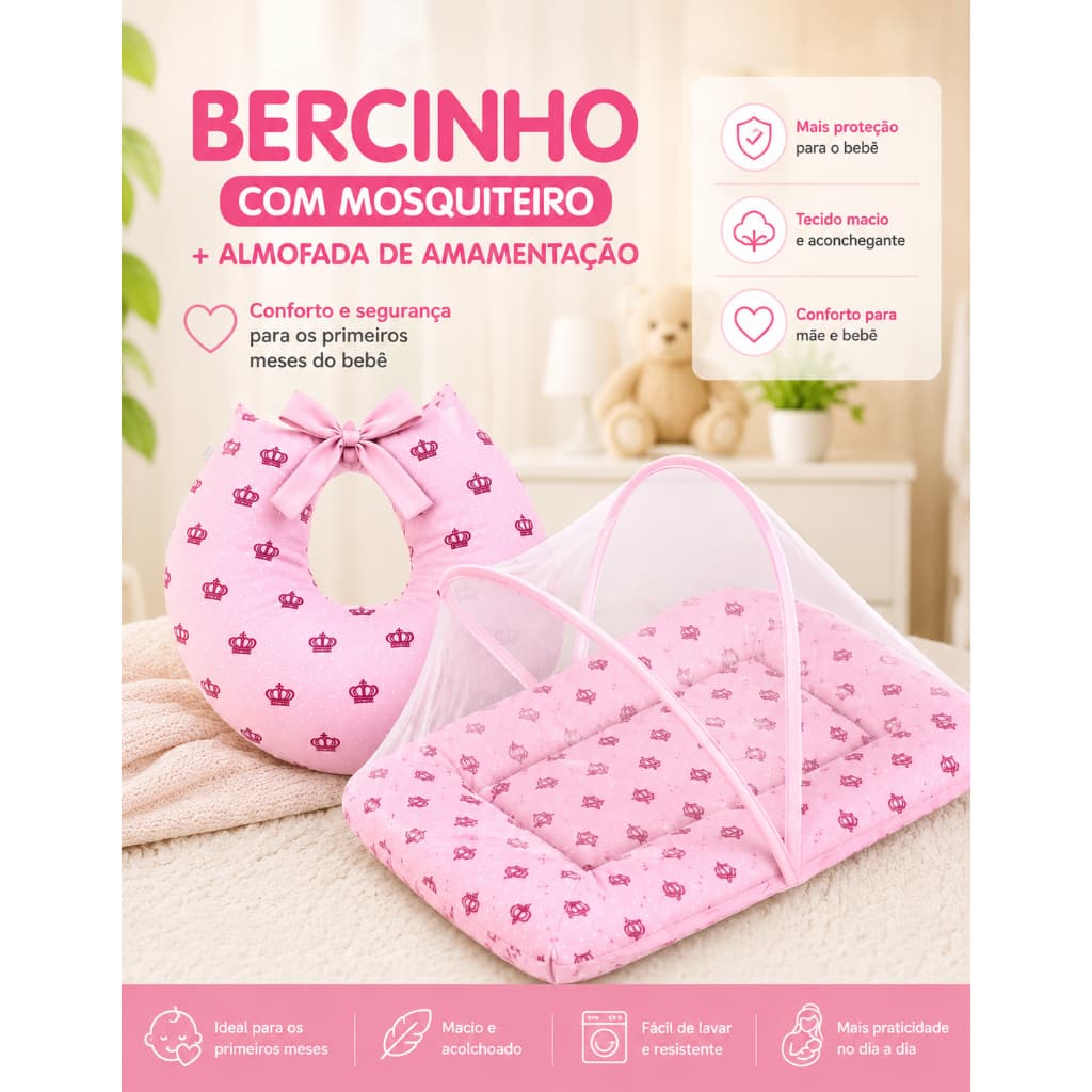 Kit Berço de Bebê Portátil Ninho Redutor Com Mosquiteiro Ajustável + Almofada de Amamentação - Várias Estampas